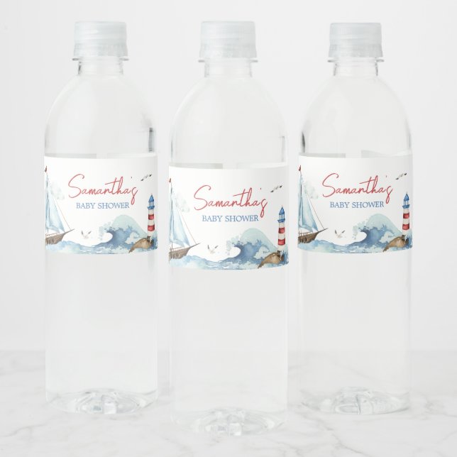 Red Blue Nautical Baby Shower  Water Bottle Label (Bottles)