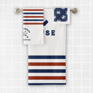Red & Blue Nautical Oars Crab Striped Lake House Bath Towel Set