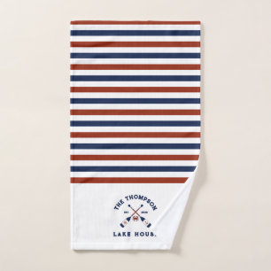Red & Blue Nautical Oars Crab Striped Lake House Hand Towel