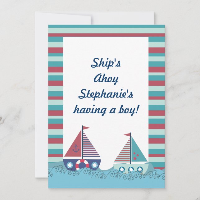 Red Blue Nautical Sailing Boat Baby Shower Invite (Front)