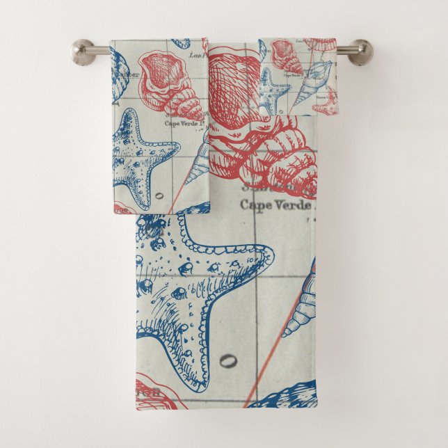 Red Blue Nautical Seashell Bath Towel Set (Insitu)