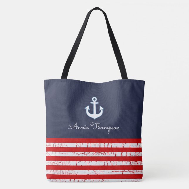 red & blue navy tote bag with name & anchors (Back)