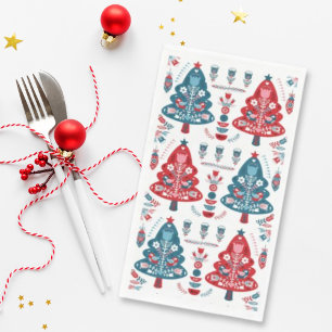 Red Blue Nordic Folk Art Christmas Tree Pattern Napkin