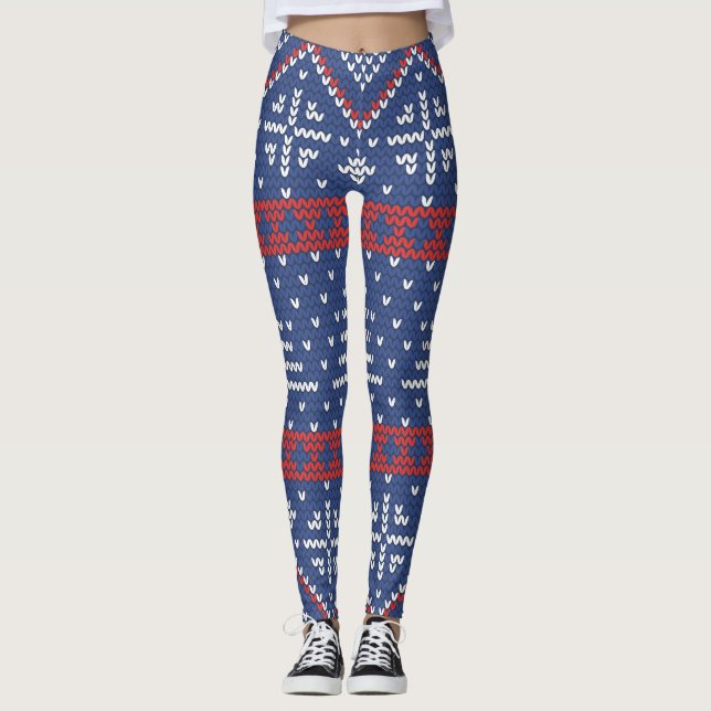 Red Blue Nordic Sweater Pattern Winter Christmas Leggings (Front)