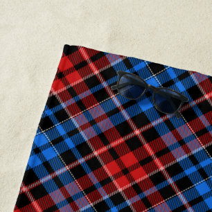 Red Blue On Black Plaid Tartan Design  Beach Towel