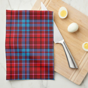 Red Blue On Black Plaid Tartan Design  Tea Towel