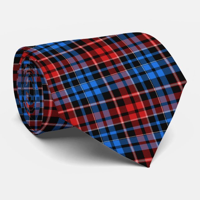 Red Blue On Black Plaid Tartan Design  Tie (Rolled)
