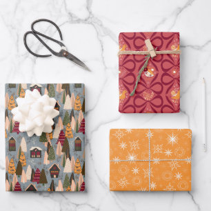 Red Blue Orange Christmas Forest Village Wrapping Paper Sheet