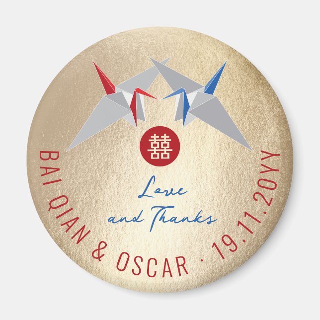 Red & Blue Paper Cranes Asian Wedding Party Favour Magnet (Front)