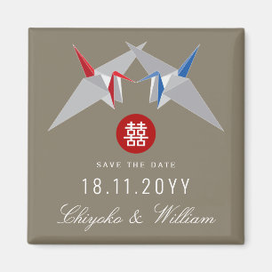 Red Blue Paper Cranes Asian Wedding Save The Date  Magnet