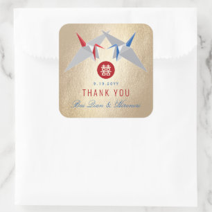 Red & Blue Paper Cranes Double Happiness Wedding Square Sticker