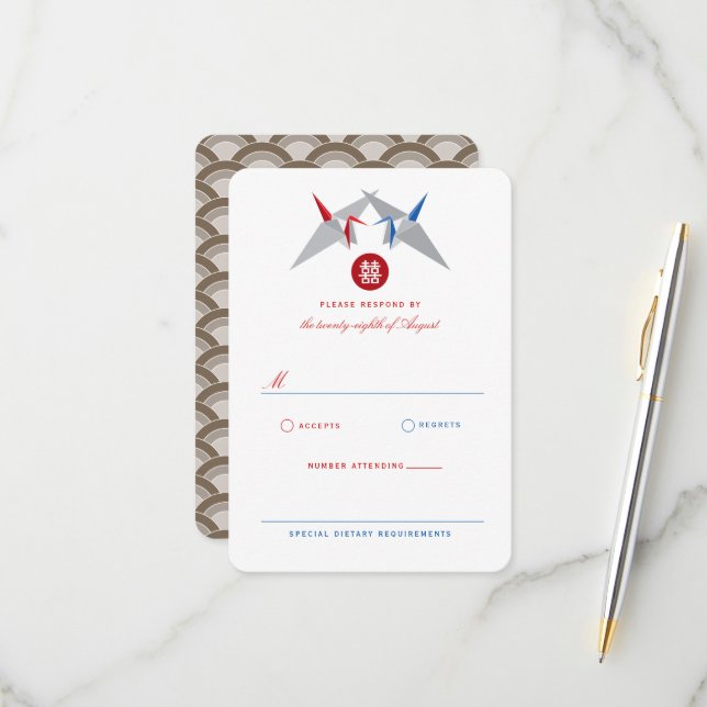 Red & Blue Paper Cranes Double Xi Chinese Wedding RSVP Card (Front/Back In Situ)