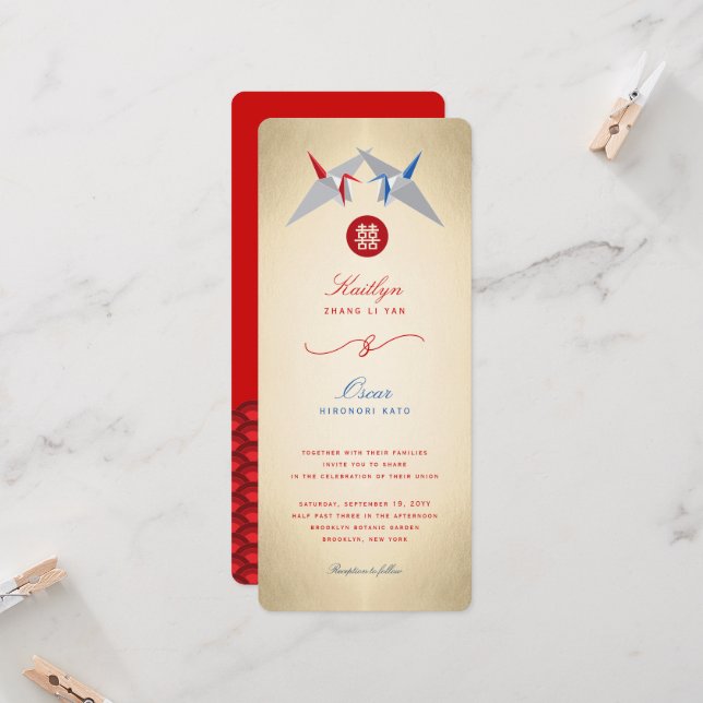 Red & Blue Paper Cranes Origami Chinese Wedding Invitation (Front/Back In Situ)
