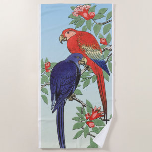 RED BLUE PARROTS BEACH TOWEL