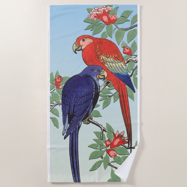 RED BLUE PARROTS BEACH TOWEL (Front)