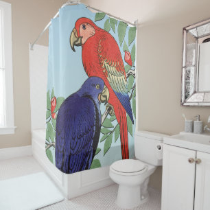 RED BLUE PARROTS SHOWER CURTAIN