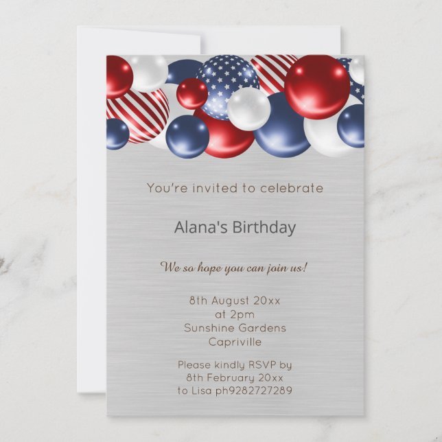 RED BLUE PATRIOTIC SILVER 2 BALLOON BIRTHDAY  INVITATION (Front)