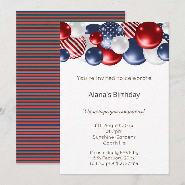 RED BLUE PATRIOTIC STRIPED BALLOON 2 INVITATION (Front/Back)