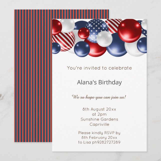 RED BLUE PATRIOTIC STRIPED BALLOON INVITATION (Front/Back)