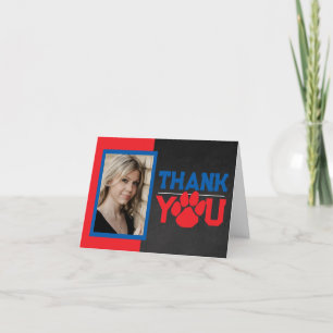 Red & Blue Paw Print Graduation 2 Photo Folding Thank You Card