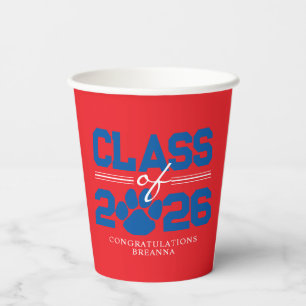 Red & Blue Pawprint Class of Graduation Paper Cups