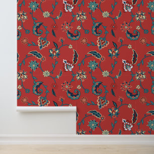Red & Blue Persian Floral Pattern Wallpaper