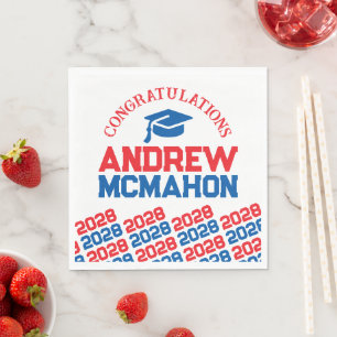Red & Blue Personalized Graduation Party Paper Napkin