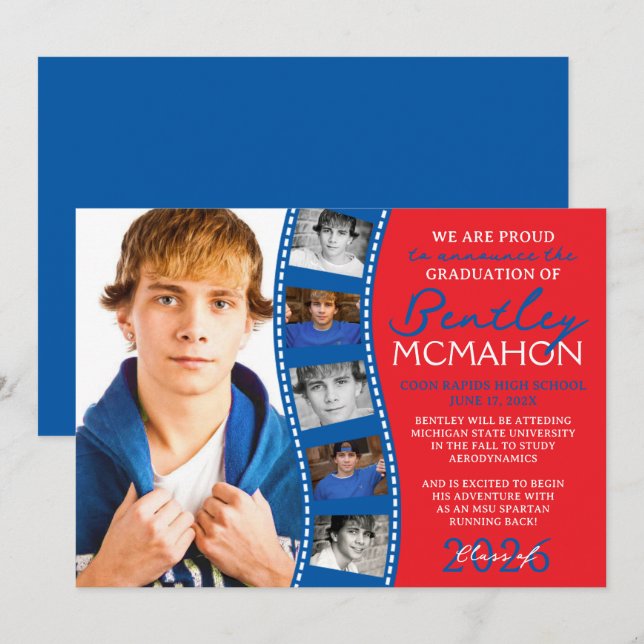 Red & Blue Photo Filmstrip Grad Announcement (Front/Back)
