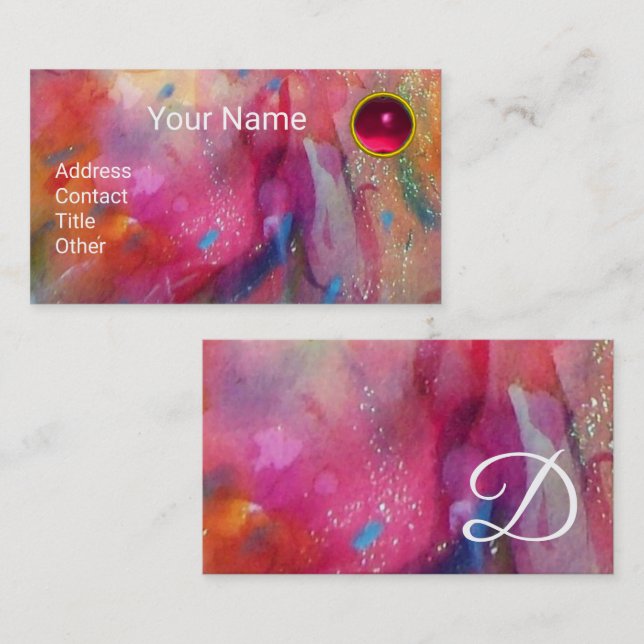 RED BLUE PINK ABSTRACT WATERCOLOR Ruby Gemstone Business Card (Front/Back)