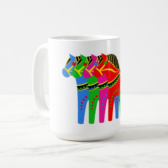 Red/blue/pink/green Nordic Folk Dala horse Coffee Mug (Front Left)