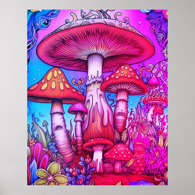 Red + Blue + Pink Whimsical Mushrooms On a Wall Poster (Front)