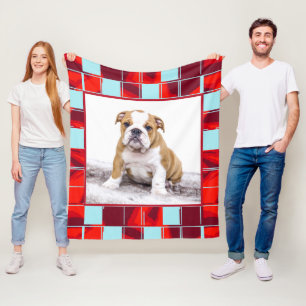 Red Blue Plaid Bulldog Dog Photo  Fleece Blanket