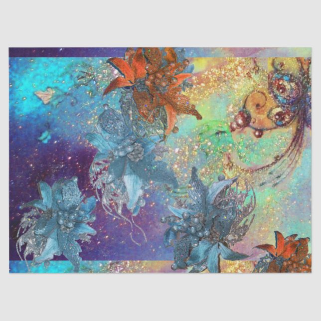 RED BLUE POINSETTIAS ,BUTTERFLY IN GOLD SPARKLES TISSUE PAPER (Front)