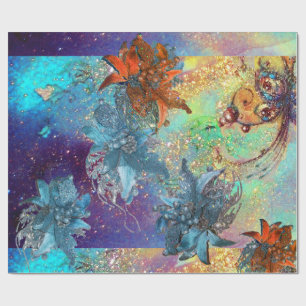 RED BLUE POINSETTIAS ,BUTTERFLY IN GOLD SPARKLES WRAPPING PAPER