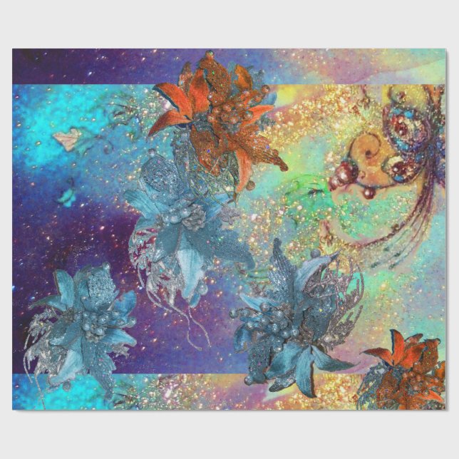 RED BLUE POINSETTIAS ,BUTTERFLY IN GOLD SPARKLES WRAPPING PAPER (Flat)