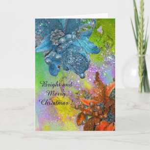 RED BLUE POINSETTIAS,CHRISTMAS STARS,GOLD SPARKLES HOLIDAY CARD