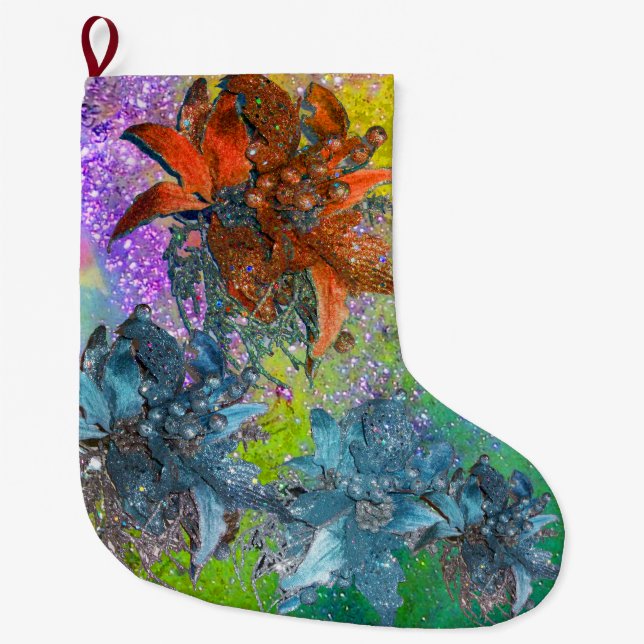 RED BLUE POINSETTIAS,CHRISTMAS STARS,GOLD SPARKLES LARGE CHRISTMAS STOCKING (Front)