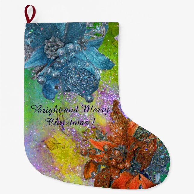 RED BLUE POINSETTIAS,CHRISTMAS STARS,GOLD SPARKLES LARGE CHRISTMAS STOCKING (Front)