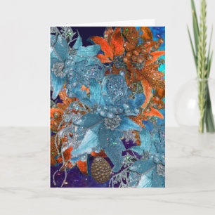 RED BLUE POINSETTIAS,CHRISTMAS STARS IN SPARKLES HOLIDAY CARD