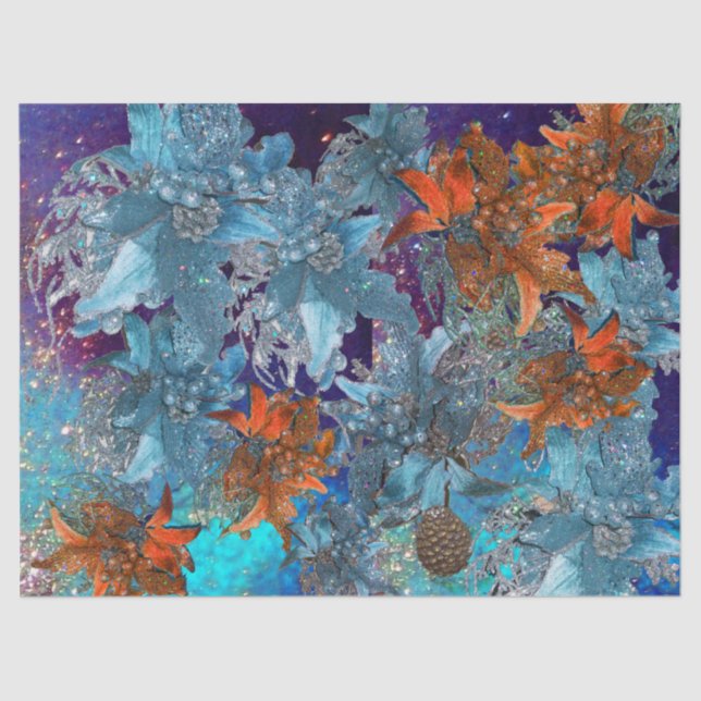 RED BLUE POINSETTIAS,CHRISTMAS STARS IN SPARKLES TISSUE PAPER (Front)