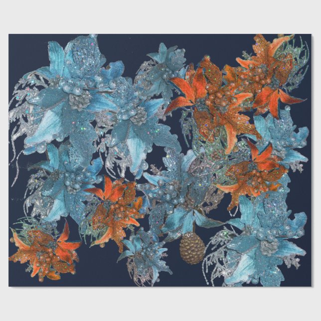 RED BLUE POINSETTIAS,CHRISTMAS STARS IN SPARKLES WRAPPING PAPER (Flat)