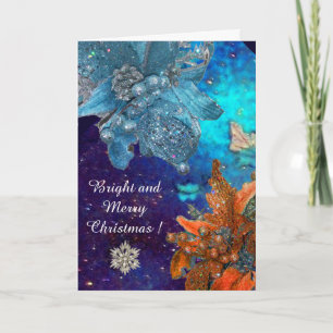RED BLUE POINSETTIAS,DIAMOND STARS,SILVER SPARKLES HOLIDAY CARD