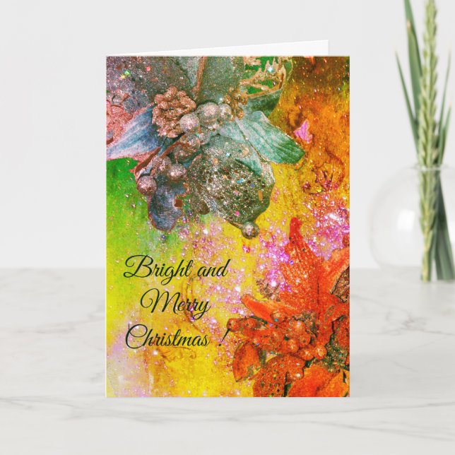 RED BLUE POINSETTIAS,XMAS STARS IN GOLD SPARKLES HOLIDAY CARD (Front)