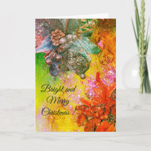 RED BLUE POINSETTIAS,XMAS STARS IN GOLD SPARKLES HOLIDAY CARD