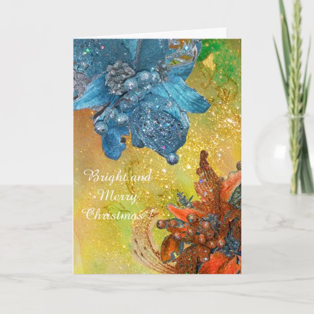RED BLUE POINSETTIAS,XMAS STARS IN GOLD SPARKLES HOLIDAY CARD (Front)
