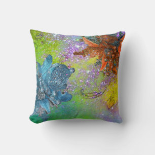 RED BLUE POINSETTIAS,XMAS STARS IN GREEN SPARKLES CUSHION