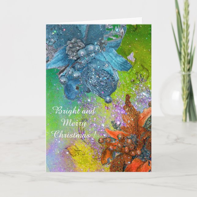 RED BLUE POINSETTIAS,XMAS STARS IN GREEN SPARKLES HOLIDAY CARD (Front)