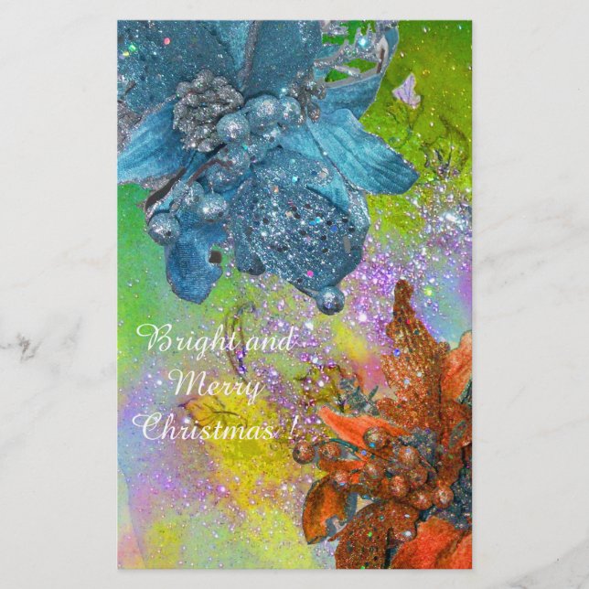 RED BLUE POINSETTIAS,XMAS STARS IN GREEN SPARKLES STATIONERY (Front)