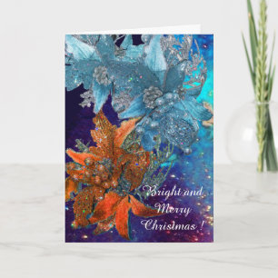 RED BLUE POINSETTIAS,XMAS STARS IN SILVER SPARKLES HOLIDAY CARD