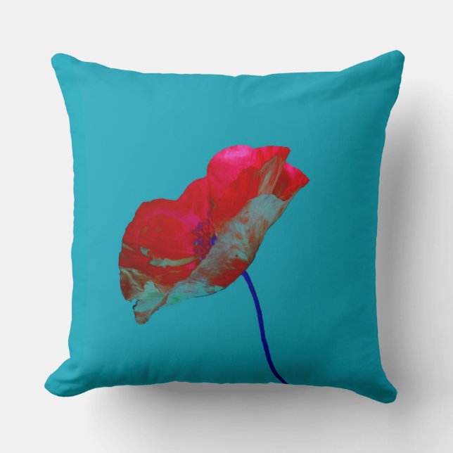 Red blue poppy on bright blue cushion (Front)
